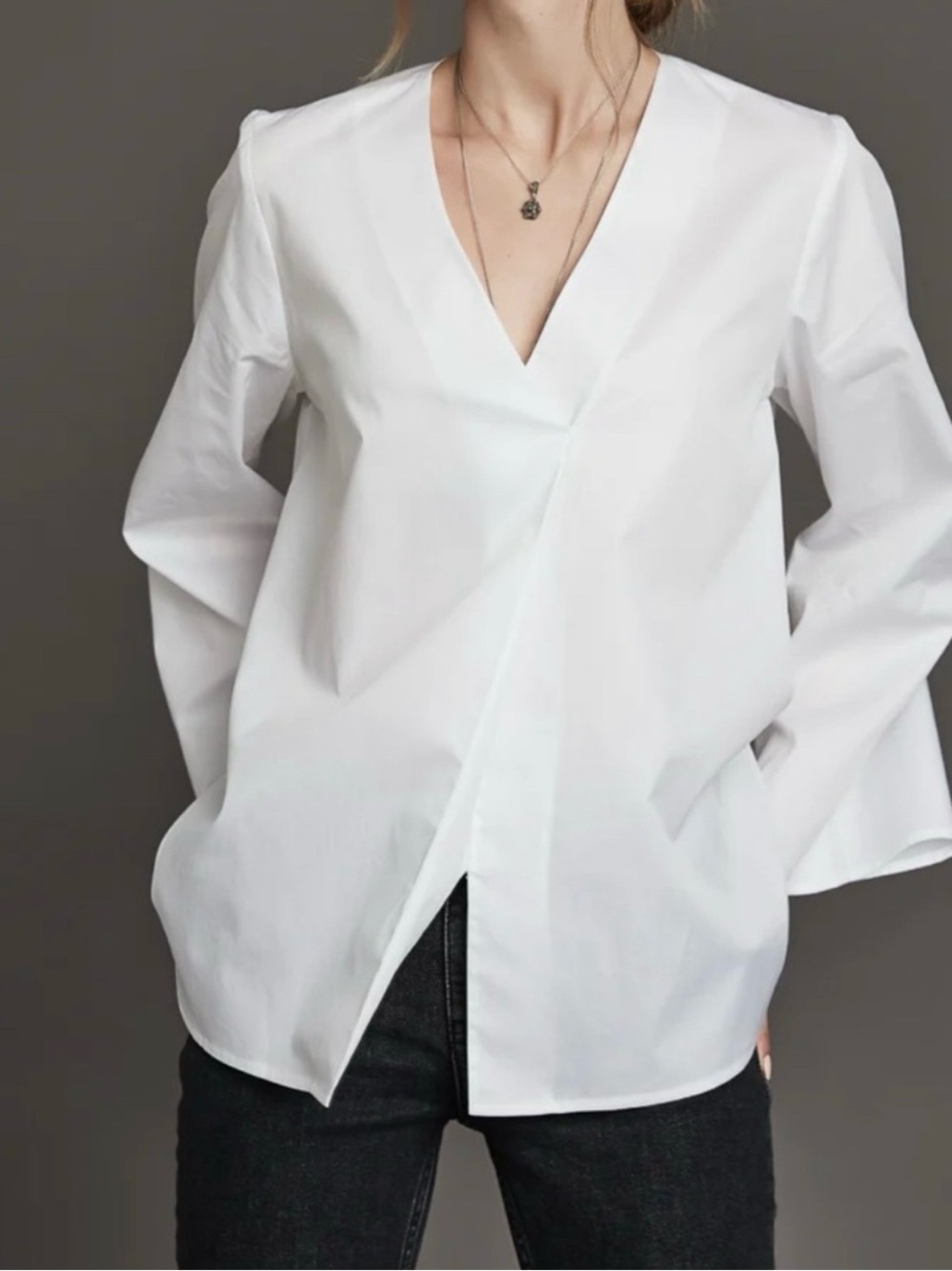 Massimo Dutti NWT Elegant White V-neck Cotton Blouse Sz 6